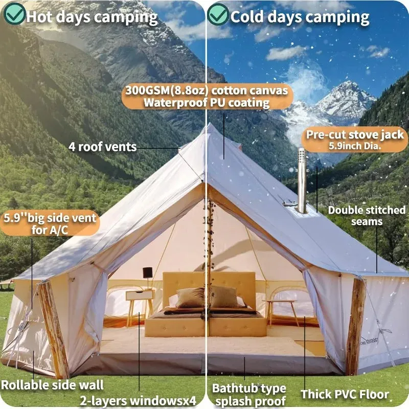 4 Season Canvas Bell Tent with 2 Stove Jacks, Yurt Tent for All Year Living for 4 People