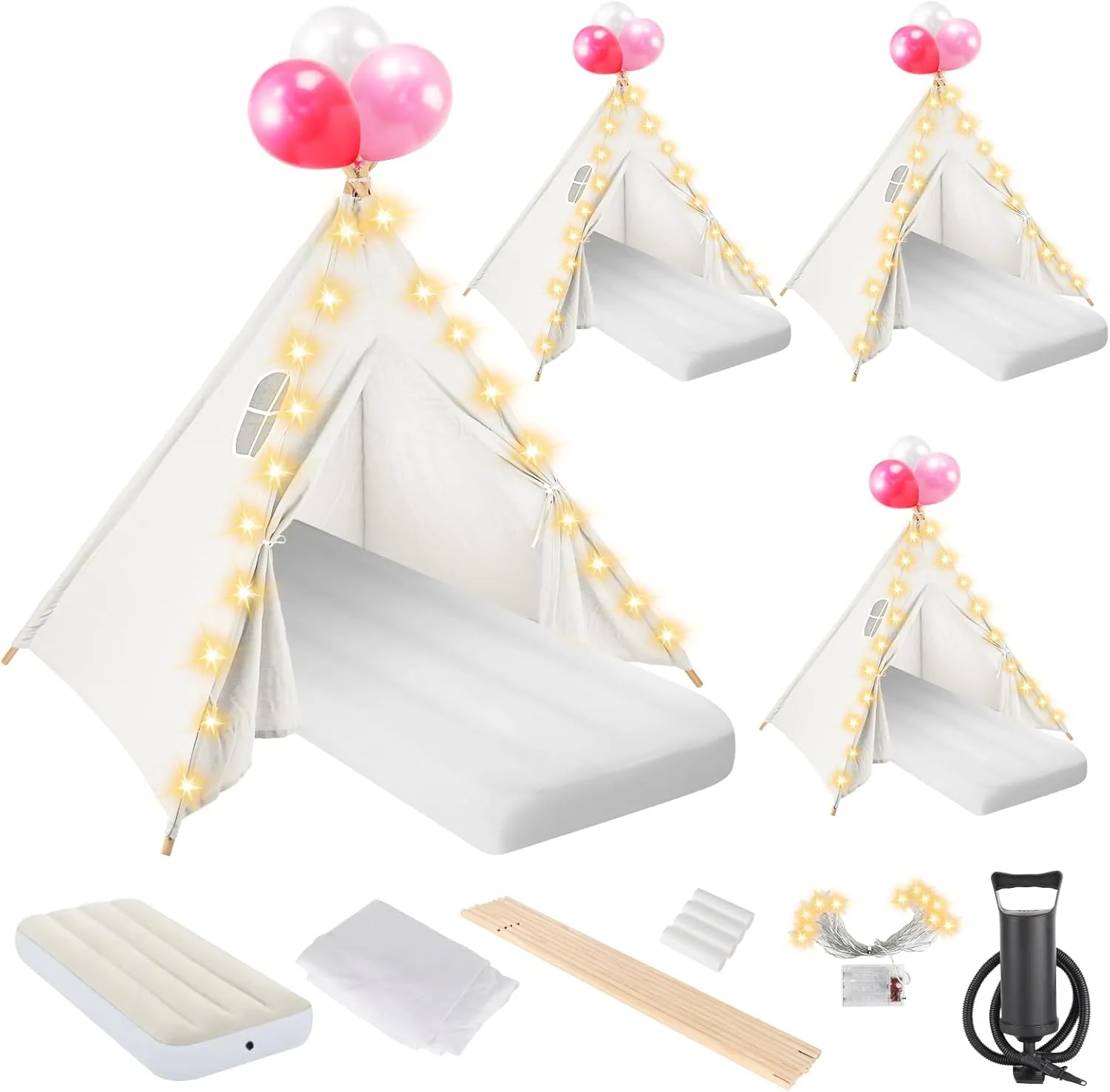 4 Set Teepee Tent Bulk for Kids with Light String， Inflatable Airbed ，Fitted Sheet， Inflation Pump,Natural Cotton Toddler Play Tent for Girls Boys Slumber Party Sleepover Tents, Indoor Outdoor
