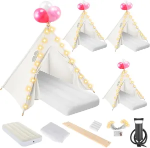 4 Set Teepee Tent Bulk for Kids with Light String， Inflatable Airbed ，Fitted Sheet， Inflation Pump,Natural Cotton Toddler Play Tent for Girls Boys Slumber Party Sleepover Tents, Indoor Outdoor