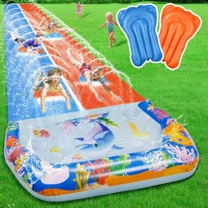 40FT Slip Double Water Slides with 2 Bodyboards, Extra Long Lawn Water Slides for Kids Adults Heavy Duty, Giant Outdoor Water Slip Toys with Crash Pad for Backyard Summer Party