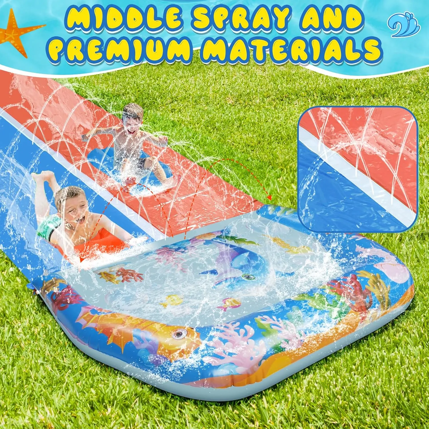 40FT Slip Double Water Slides with 2 Bodyboards, Extra Long Lawn Water Slides for Kids Adults Heavy Duty, Giant Outdoor Water Slip Toys with Crash Pad for Backyard Summer Party