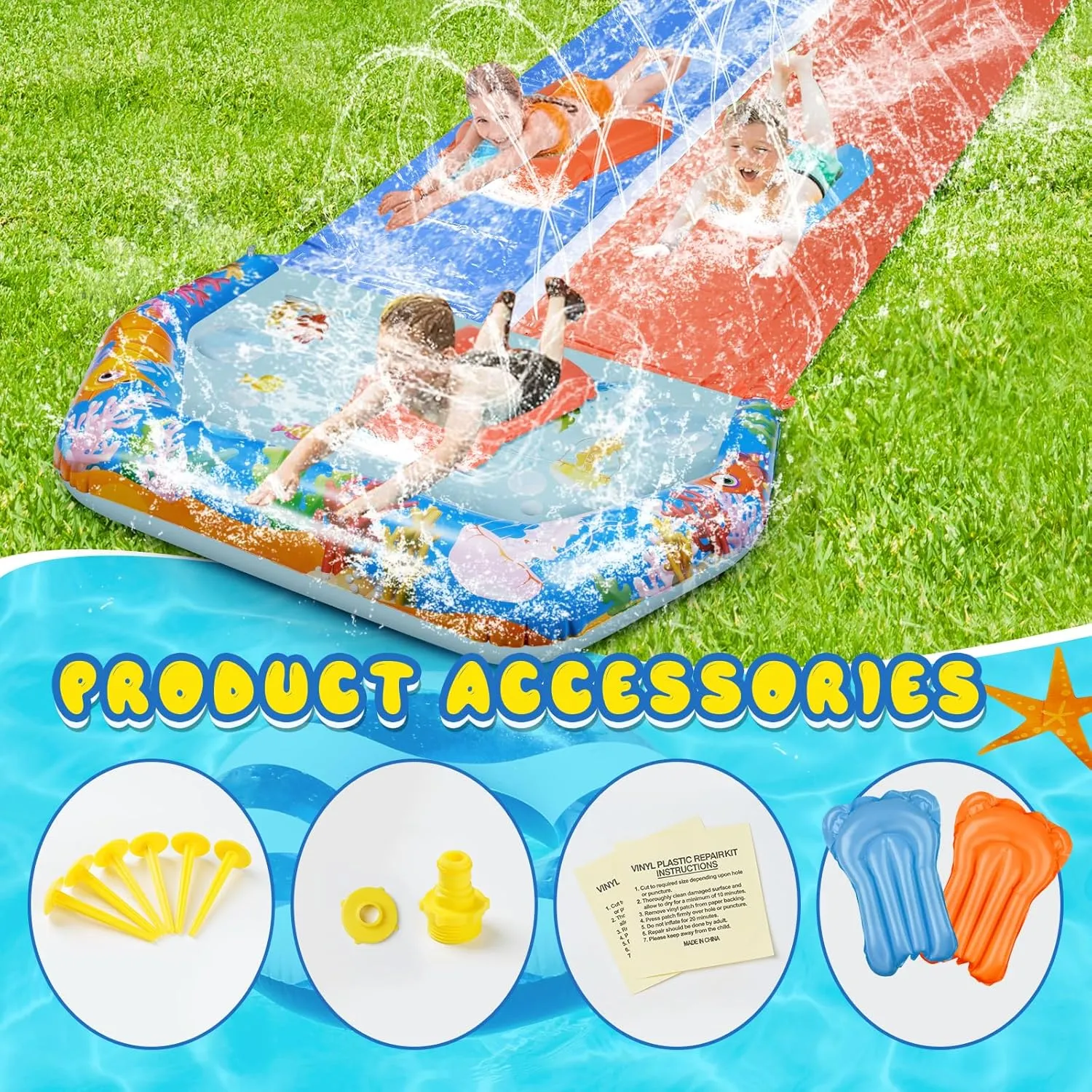 40FT Slip Double Water Slides with 2 Bodyboards, Extra Long Lawn Water Slides for Kids Adults Heavy Duty, Giant Outdoor Water Slip Toys with Crash Pad for Backyard Summer Party