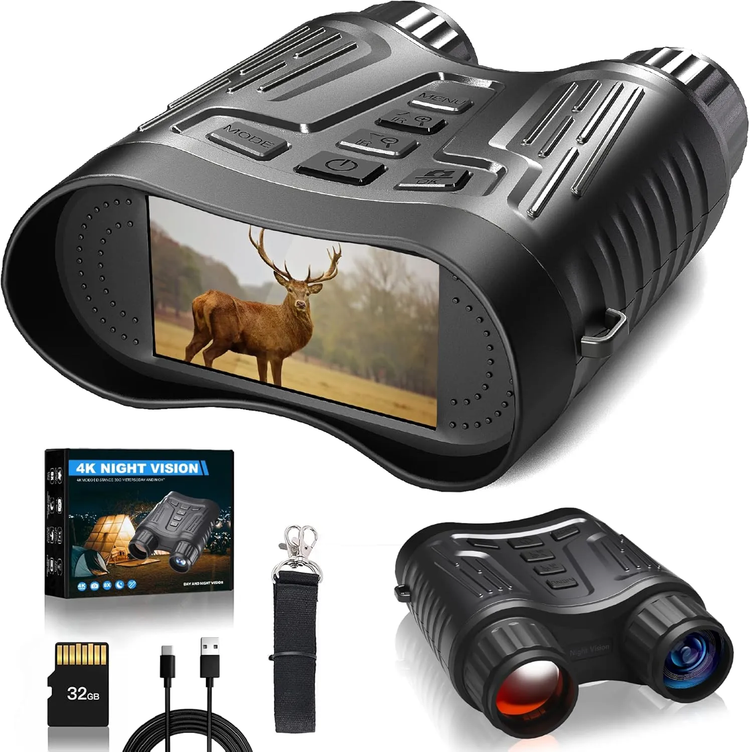 4K Night Vision Binoculars - Rechargeable Night Vision Goggles, 3.2'' Digital Infrared Night Vision can Save Photo and Video with 32GB Memory Card