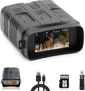 4K Night Vision Goggles, Rechargeable Night Vision Binoculars, Video and Photo, 3" TFT Screen, 64GB Memory Included, 10X Digital Zoom, 3Watt Infrared Light, Hunting, Surveillance