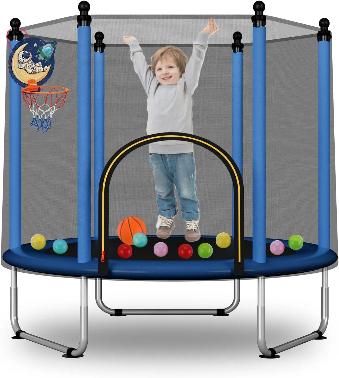 55" Toddler Trampoline Indoor & Outdoor Playset, 5FT Trampoline for Kids with Safety Enclosure Net, Gifts for Birthday with Basketball Hoop, Gifts for Boy and Girl, Age 3-8