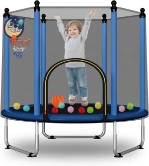 55" Toddler Trampoline Indoor & Outdoor Playset, 5FT Trampoline for Kids with Safety Enclosure Net, Gifts for Birthday with Basketball Hoop, Gifts for Boy and Girl, Age 3-8 55" Toddler Trampoline Indoor & Outdoor Playset, 5FT Trampoline for Kids with Safety Enclosure Net, Gifts for Birthday with Basketball Hoop, Gifts for Boy and Girl, Age 3-8