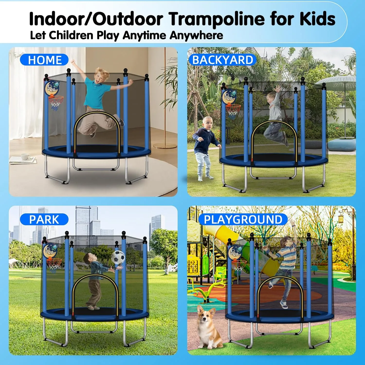 55" Toddler Trampoline Indoor & Outdoor Playset, 5FT Trampoline for Kids with Safety Enclosure Net, Gifts for Birthday with Basketball Hoop, Gifts for Boy and Girl, Age 3-8