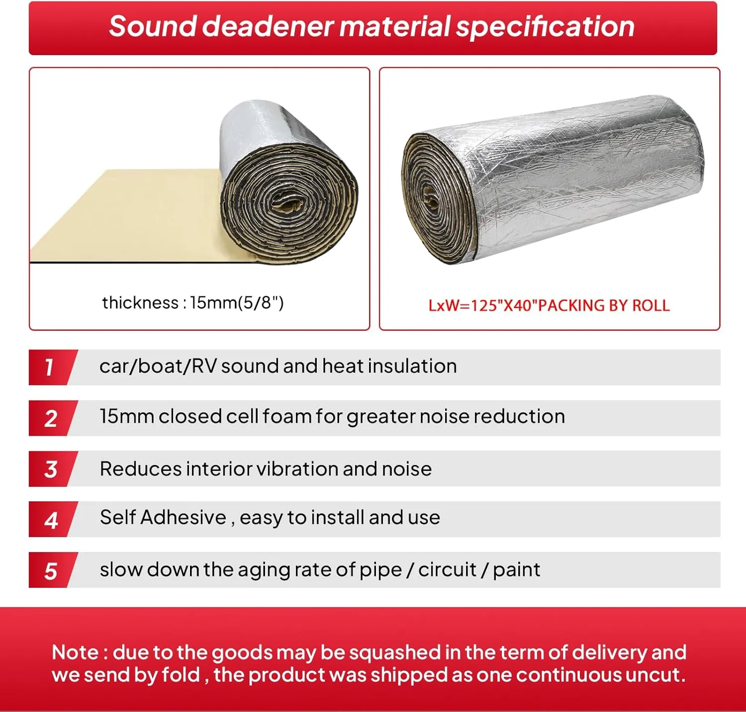 590 mil Auto Boat Sound Deadening with Adhesive 15 mm Closed Foam Reduce Noise &Vibration Car Heat Insulation Roll (125" Lx40 W)