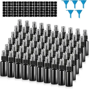 60 Pack 1 oz Spray Bottle, Black Spray Bottle with Small Fine Mist Spray and Plastic Cap, Refillable for for Essential Oils, Bath, Beauty, Hair & Cleaning