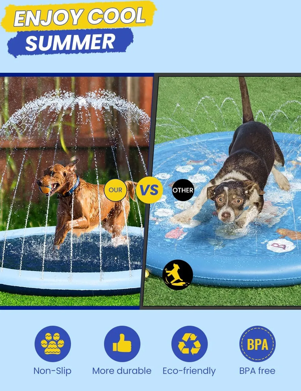 67inch Dog Splash Pad Non-Slip,Medium Pet Dogs Cool Sprinkler Pool Heavy Duty Splash Pads for Kiddie Baby Wading Pool Summer Outdoor Play Water Fun Toy Gift Easy to Use/Clean