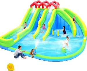 7 in 1 Inflatable Water Slide, Inflatable Pool Water Slides for Kids Backyard, with 3 Slide with Blower Water Gun Sprinkler Fountain Climbing Wall for Children