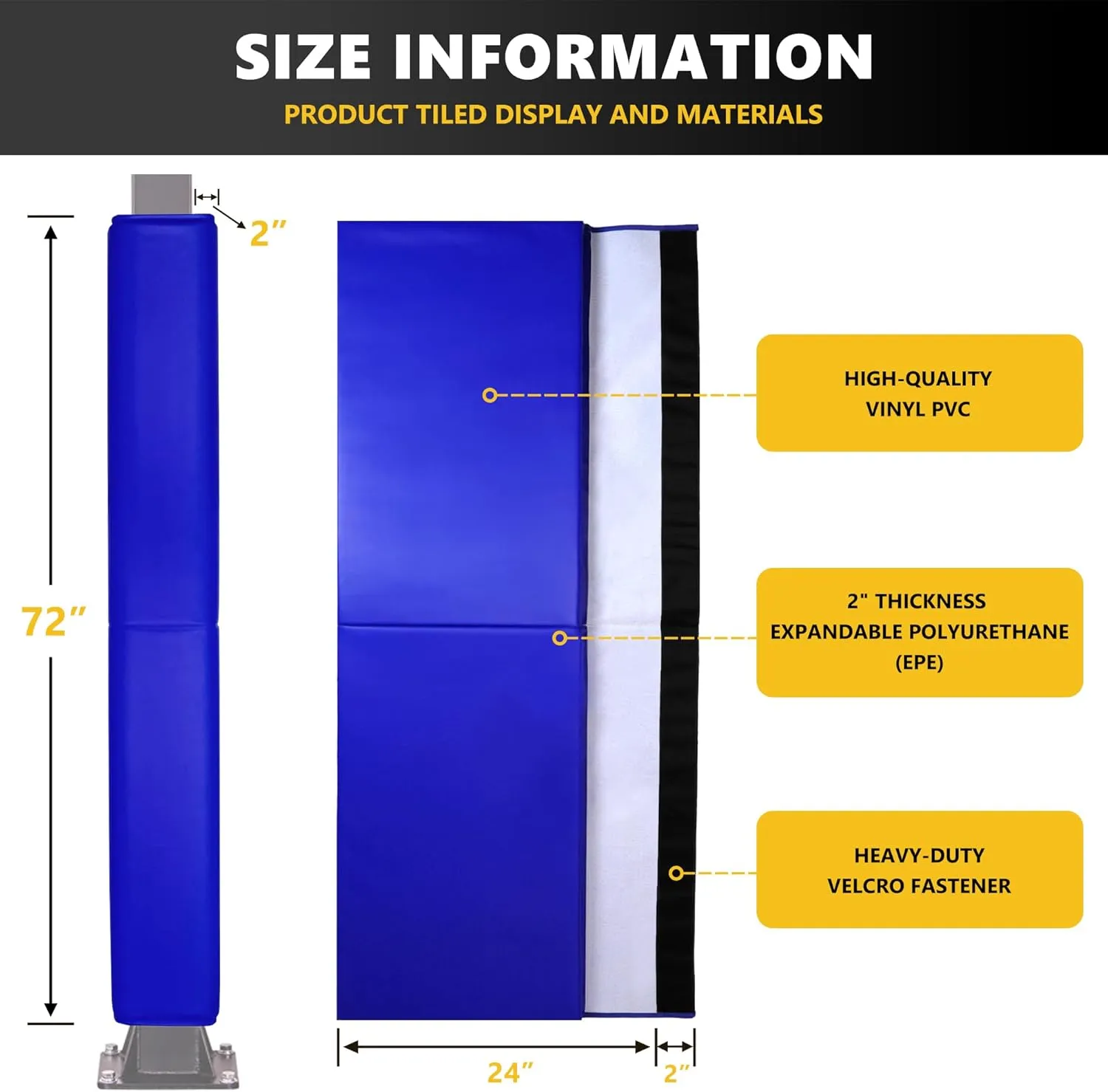 72" Tall Square Basketball Pole Pads - 2" Thick Heavy-Duty All-Weather Pole Padding Outdoor, Weatherproof Basketball Pole Pad for Player Protection, Fits 4", 5" & 6" Basketball Hoop Poles - BLUE