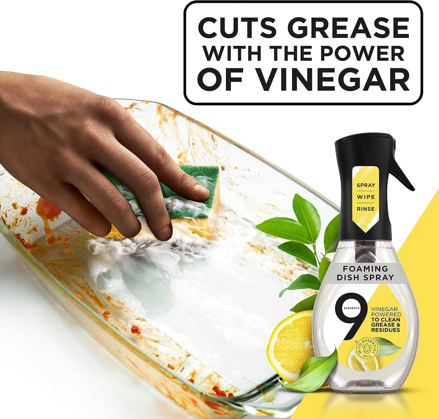 9 Elements Natural Dish Soap, Dishwashing Liquid with Lemon Essential Oils, Made with the Power of Vinegar, 1 Dish Spray Starter Kit & 3 Refills (64 oz Total)