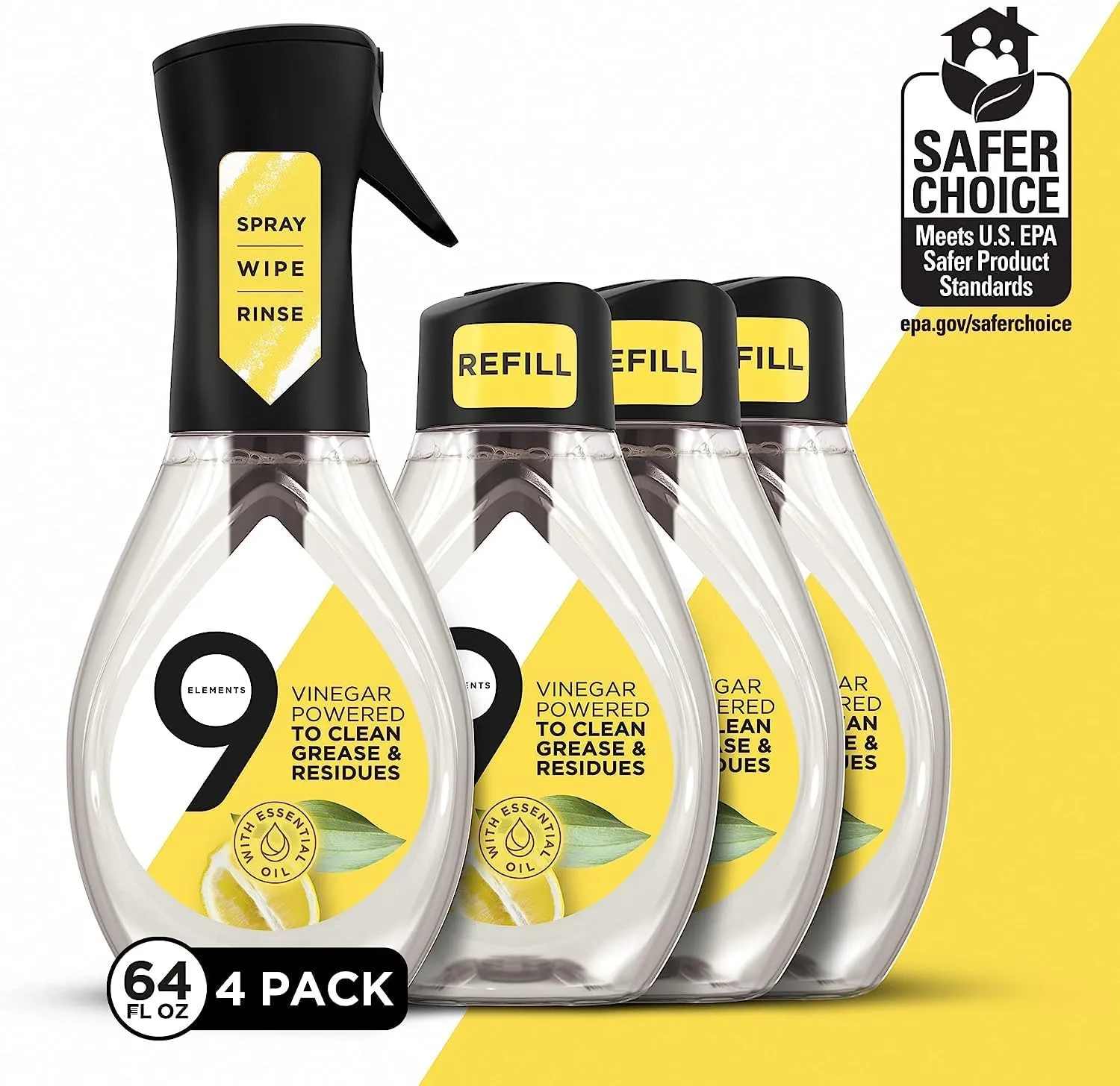 9 Elements Natural Dish Soap, Dishwashing Liquid with Lemon Essential Oils, Made with the Power of Vinegar, 1 Dish Spray Starter Kit & 3 Refills (64 oz Total)