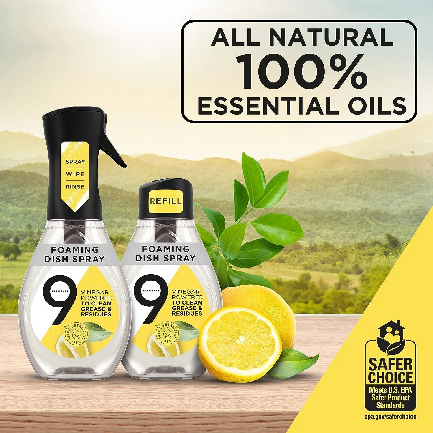 9 Elements Natural Dish Soap, Dishwashing Liquid with Lemon Essential Oils, Made with the Power of Vinegar, 1 Dish Spray Starter Kit & 3 Refills (64 oz Total)