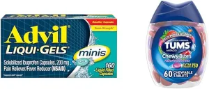 Advil Liqui-Gels Minis Pain Reliever and Fever Reducer, Pain Medicine for Adults & TUMS Chewy Bites Antacid Tablets for Chewable Heartburn Relief and Acid Indigestion Relief