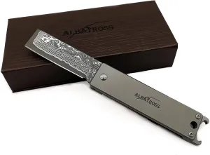 ALBATROSS Premium EDC Pocket Knife - Compact Folding Tactical Knife with Damascus Steel Blade, Titanium Handle & Bottle Opener - Everyday Carry Camping Survival Knife - Gift for Men - HGDK010