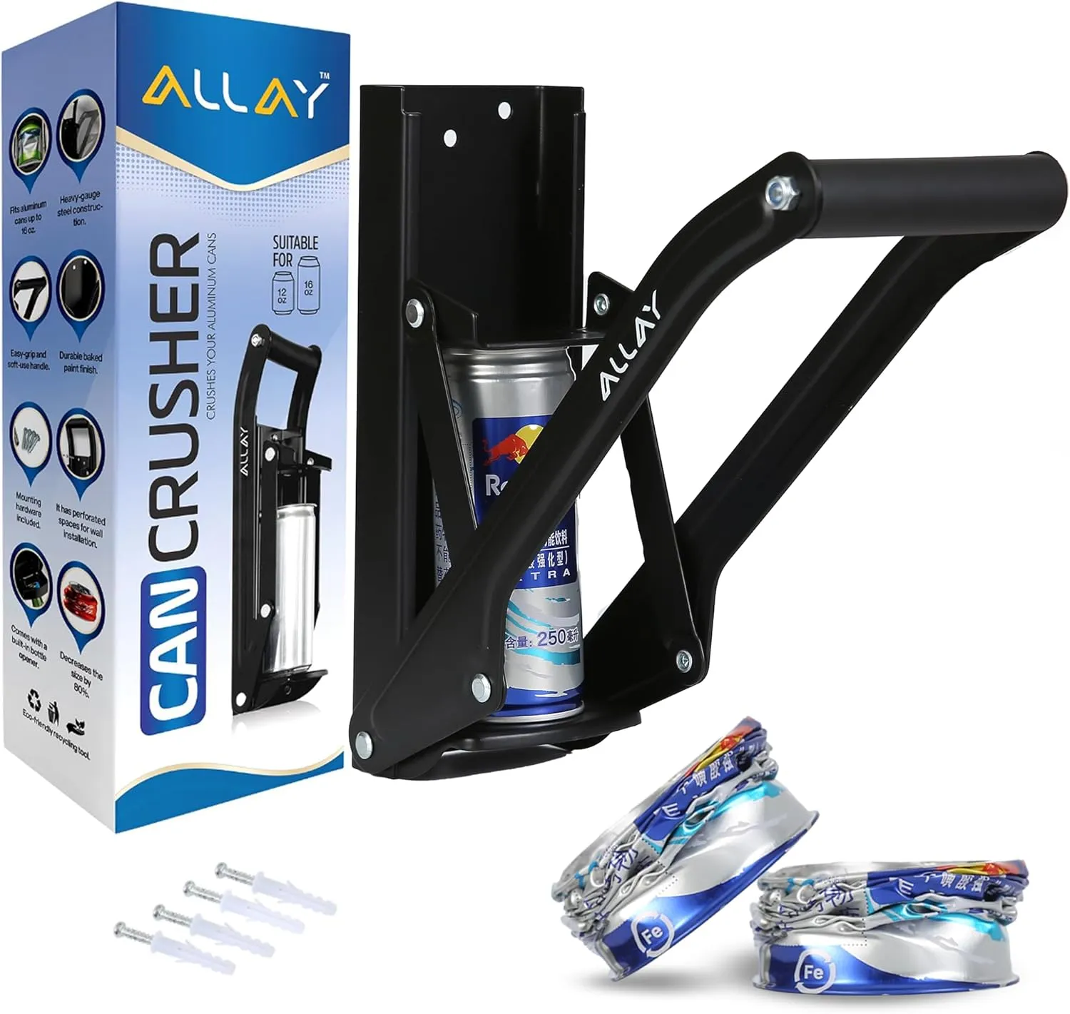 ALLAY Can Crusher Wall Mounted Heavy Duty with Built-In Bottle Opener – Aluminum Can Crushers for Recycling – Metal Can Crushers for Home Use Easy Installation for Beer Cans, Soda Cans (Black)