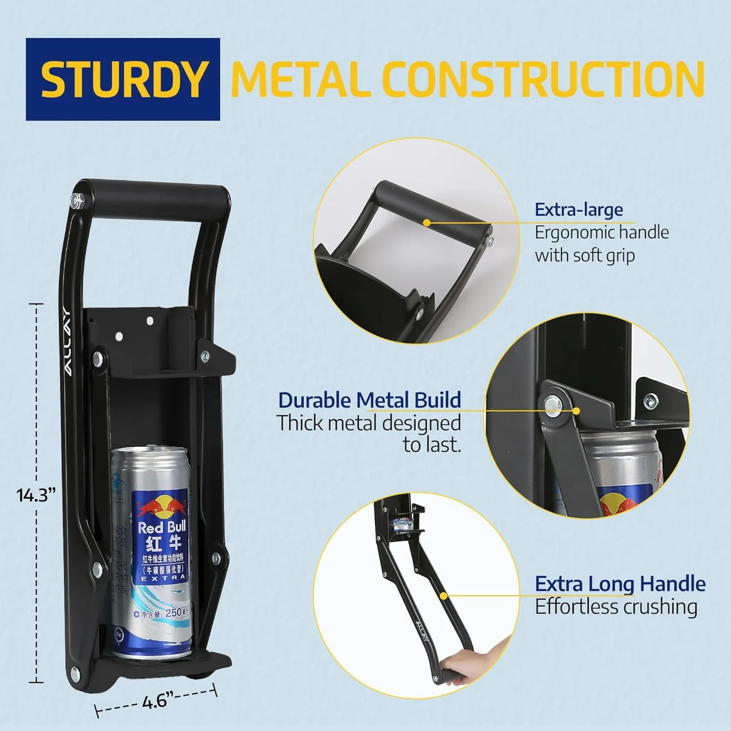 ALLAY Can Crusher Wall Mounted Heavy Duty with Built-In Bottle Opener – Aluminum Can Crushers for Recycling – Metal Can Crushers for Home Use Easy Installation for Beer Cans, Soda Cans (Black)