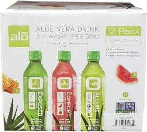 ALO Aloe Vera Drink 12 Pack Variety (Original   Honey, Watermelon   Peach, Mangosteen   Mango) 16.9 oz Bottles