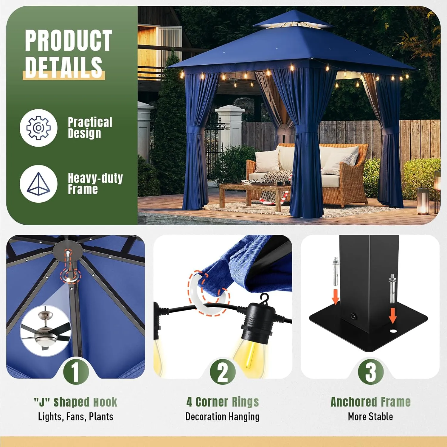 AOXUN Outdoor Gazebo for Patio 8x8, Metal Frame Canopy with Double Roofs, Heavy Duty Party Tent and Shelter with Mosquito Netting and Privacy Screen for Backyard, Lawn, Garden, Deck (Navy)