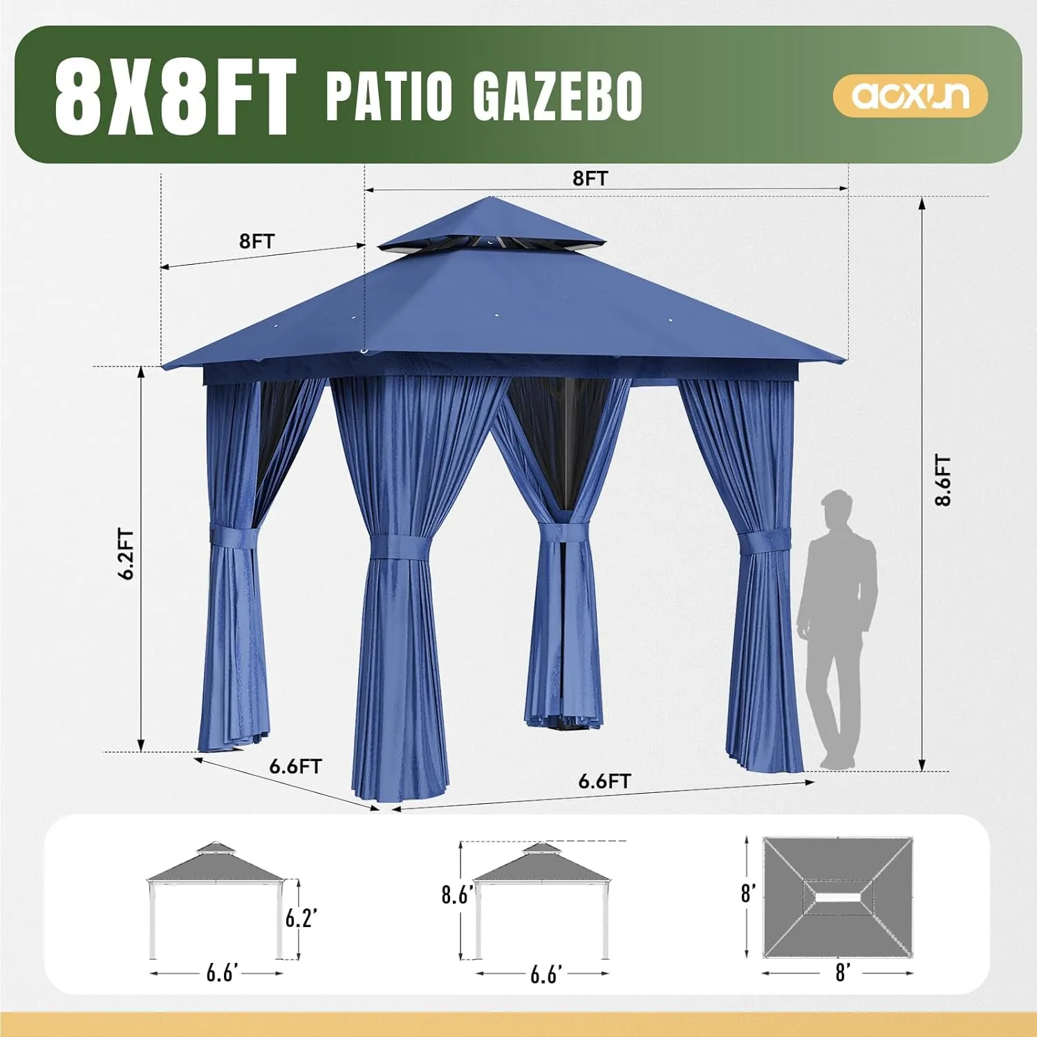 AOXUN Outdoor Gazebo for Patio 8x8, Metal Frame Canopy with Double Roofs, Heavy Duty Party Tent and Shelter with Mosquito Netting and Privacy Screen for Backyard, Lawn, Garden, Deck (Navy)