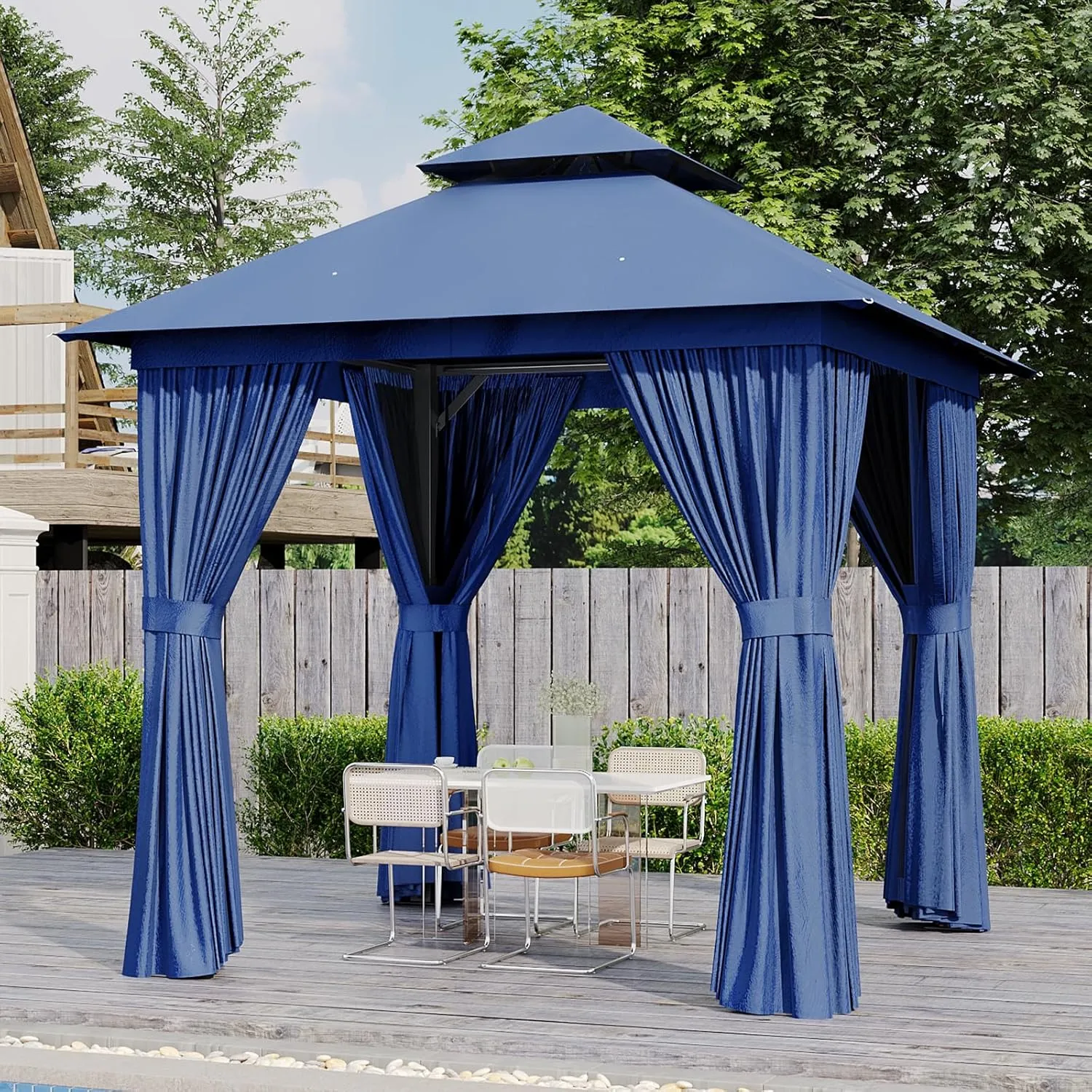 AOXUN Outdoor Gazebo for Patio 8x8, Metal Frame Canopy with Double Roofs, Heavy Duty Party Tent and Shelter with Mosquito Netting and Privacy Screen for Backyard, Lawn, Garden, Deck (Navy)