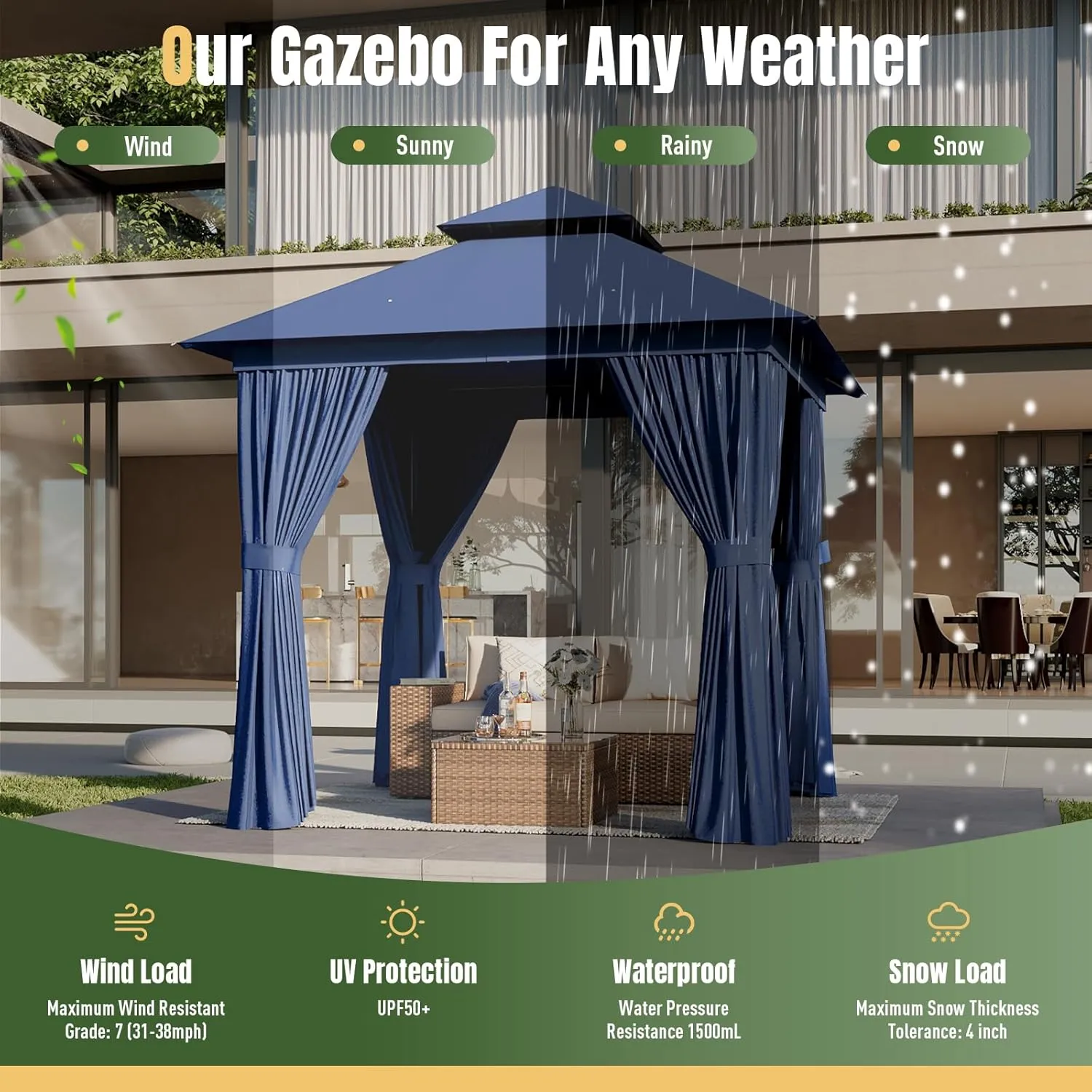 AOXUN Outdoor Gazebo for Patio 8x8, Metal Frame Canopy with Double Roofs, Heavy Duty Party Tent and Shelter with Mosquito Netting and Privacy Screen for Backyard, Lawn, Garden, Deck (Navy)
