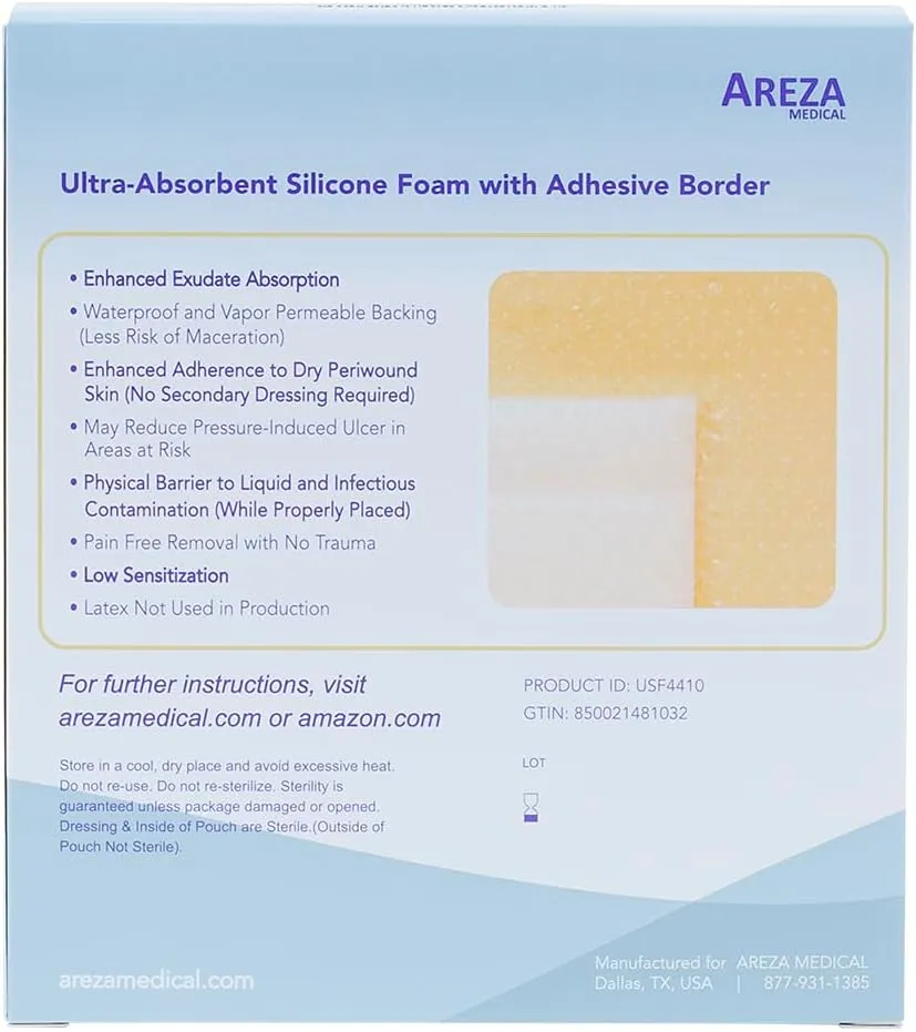 Areza Medical - Silicone Foam with Super-Absorbent Layer - Wound Dressing - Waterproof - with Silicone Adhesive Border - Sterile - 4" x 4" - 10 PCS per Box - FSA/HSA Approved