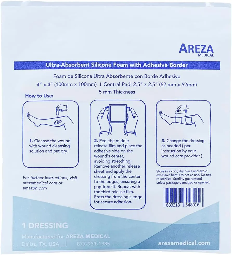 Areza Medical - Silicone Foam with Super-Absorbent Layer - Wound Dressing - Waterproof - with Silicone Adhesive Border - Sterile - 4" x 4" - 10 PCS per Box - FSA/HSA Approved