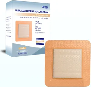 Areza Medical - Silicone Foam with Super-Absorbent Layer - Wound Dressing - Waterproof - with Silicone Adhesive Border - Sterile - 4" x 4" - 10 PCS per Box - FSA/HSA Approved