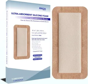 Areza Medical - Silicone Foam with Super-Absorbent Layer - Wound Dressing - Waterproof - with Silicone Adhesive Border - Sterile - 8" x 4" - 5 PCS per Box - FSA/HSA Approved