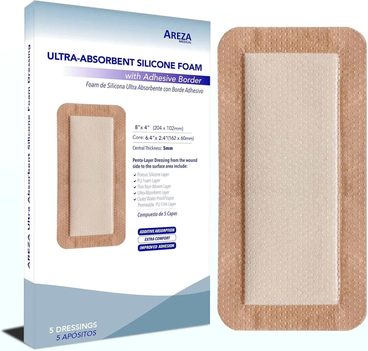Areza Medical - Silicone Foam with Super-Absorbent Layer - Wound Dressing - Waterproof - with Silicone Adhesive Border - Sterile - 8" x 4" - 5 PCS per Box - FSA/HSA Approved
