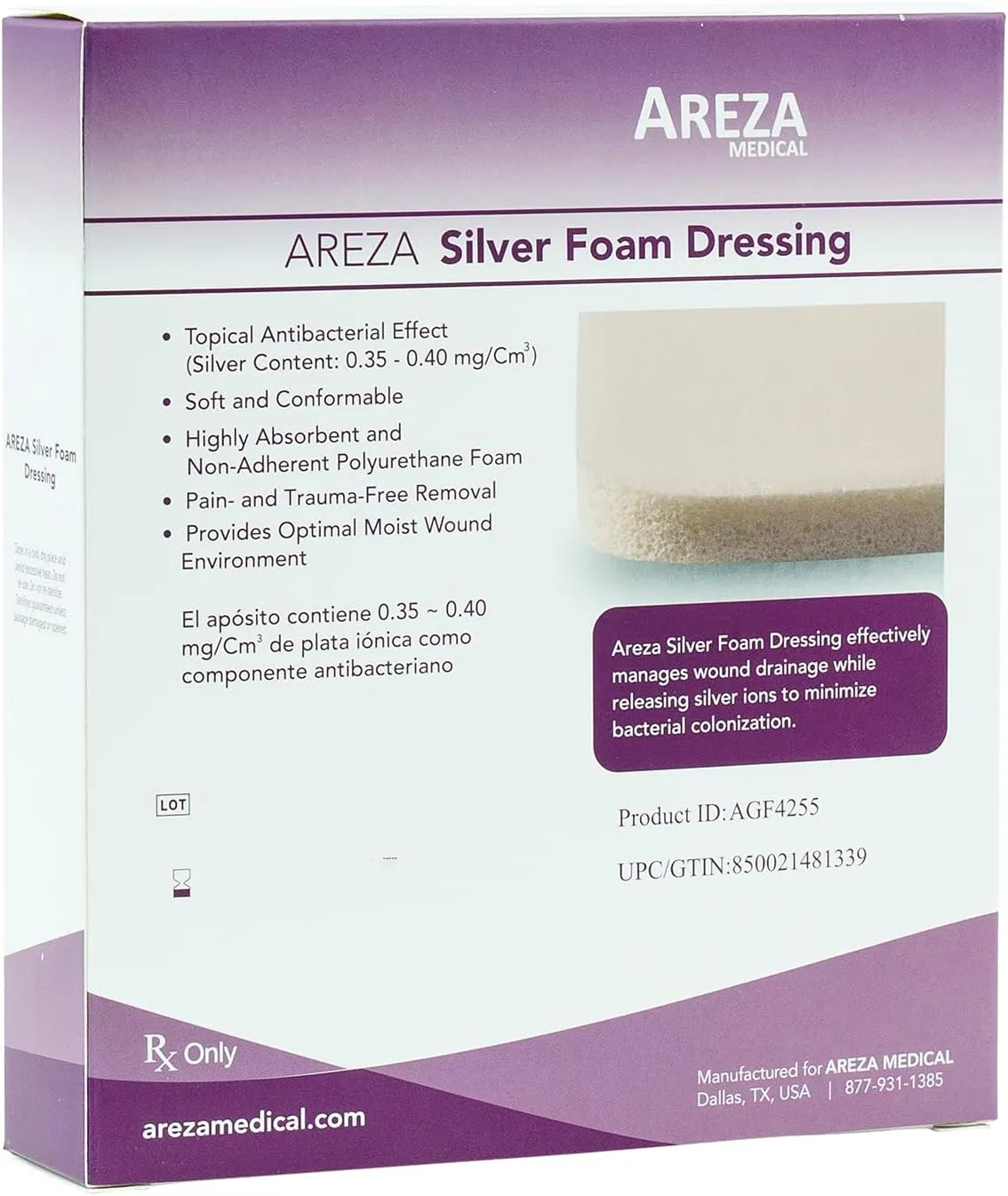 Areza Medical - Silver Foam Wound Dressing Pad - Sterile - 4.25" X 4.25" (10.8 cm X 10.8 cm) - 5 PCS per Box - FSA/HSA Approved