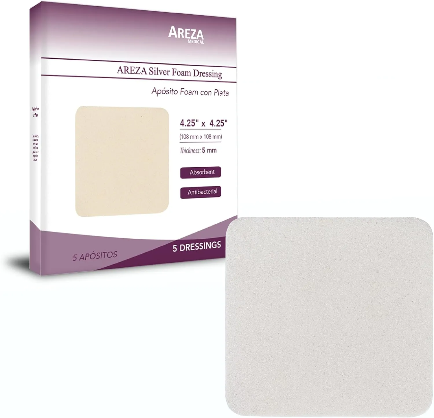 Areza Medical - Silver Foam Wound Dressing Pad - Sterile - 4.25" X 4.25" (10.8 cm X 10.8 cm) - 5 PCS per Box - FSA/HSA Approved