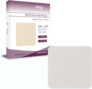 Areza Medical - Silver Foam Wound Dressing Pad - Sterile - 4.25" X 4.25" (10.8 cm X 10.8 cm) - 5 PCS per Box - FSA/HSA Approved