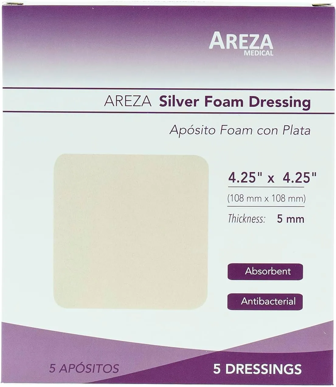 Areza Medical - Silver Foam Wound Dressing Pad - Sterile - 4.25" X 4.25" (10.8 cm X 10.8 cm) - 5 PCS per Box - FSA/HSA Approved