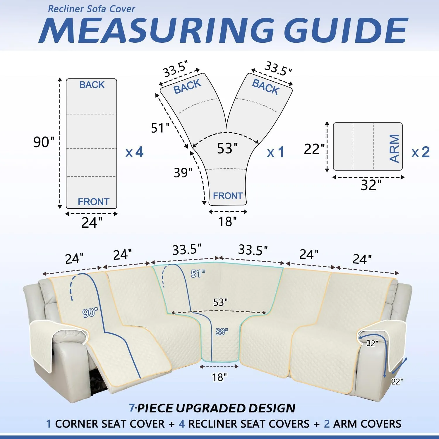 Arfntevss Sectional Recliner Couch Covers for Reclining Sectional Corner Sofa Cover for Dog Washable L Shaped Recliner Slipcover Sets 7-Piece U Shape Non Slip Furniture Protector (Large, Cream White)
