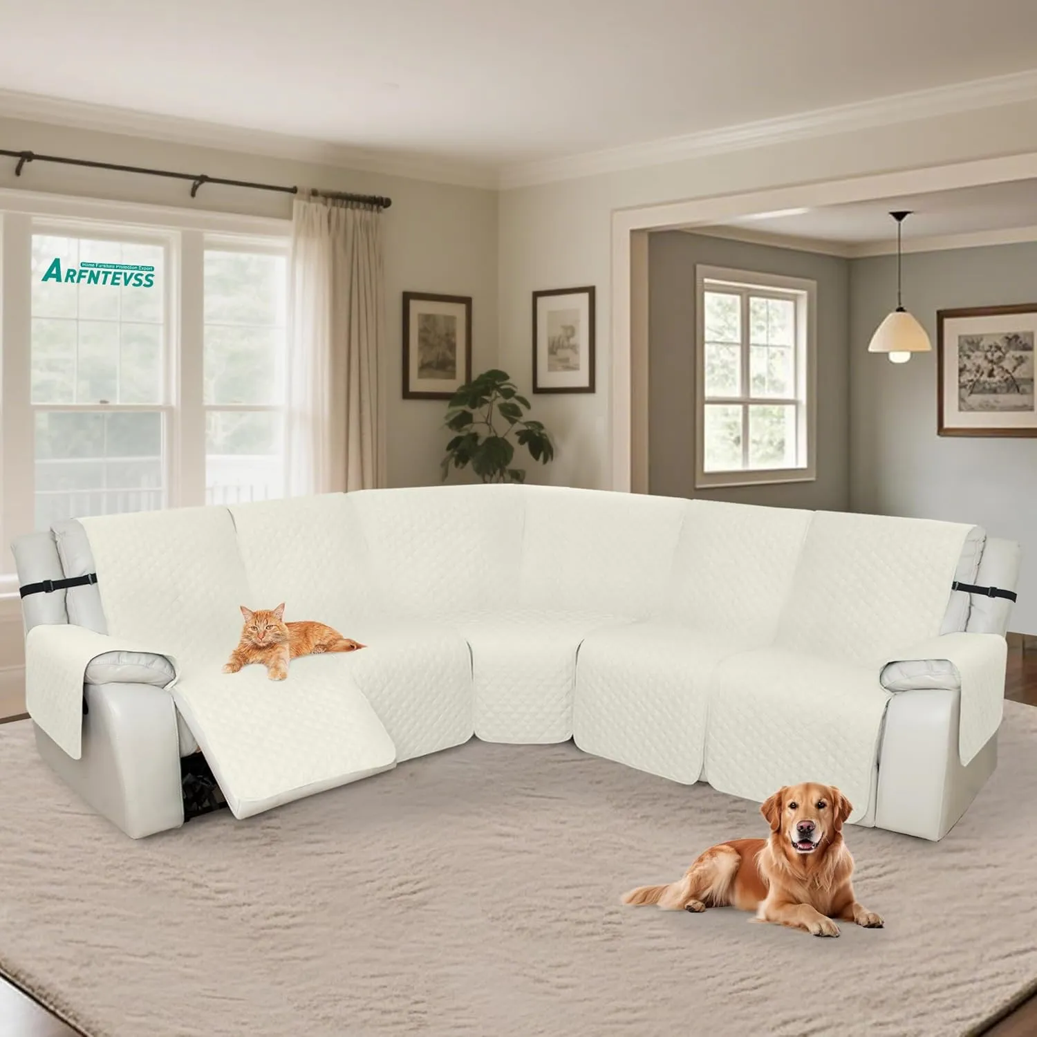 Arfntevss Sectional Recliner Couch Covers for Reclining Sectional Corner Sofa Cover for Dog Washable L Shaped Recliner Slipcover Sets 7-Piece U Shape Non Slip Furniture Protector (Large, Cream White)