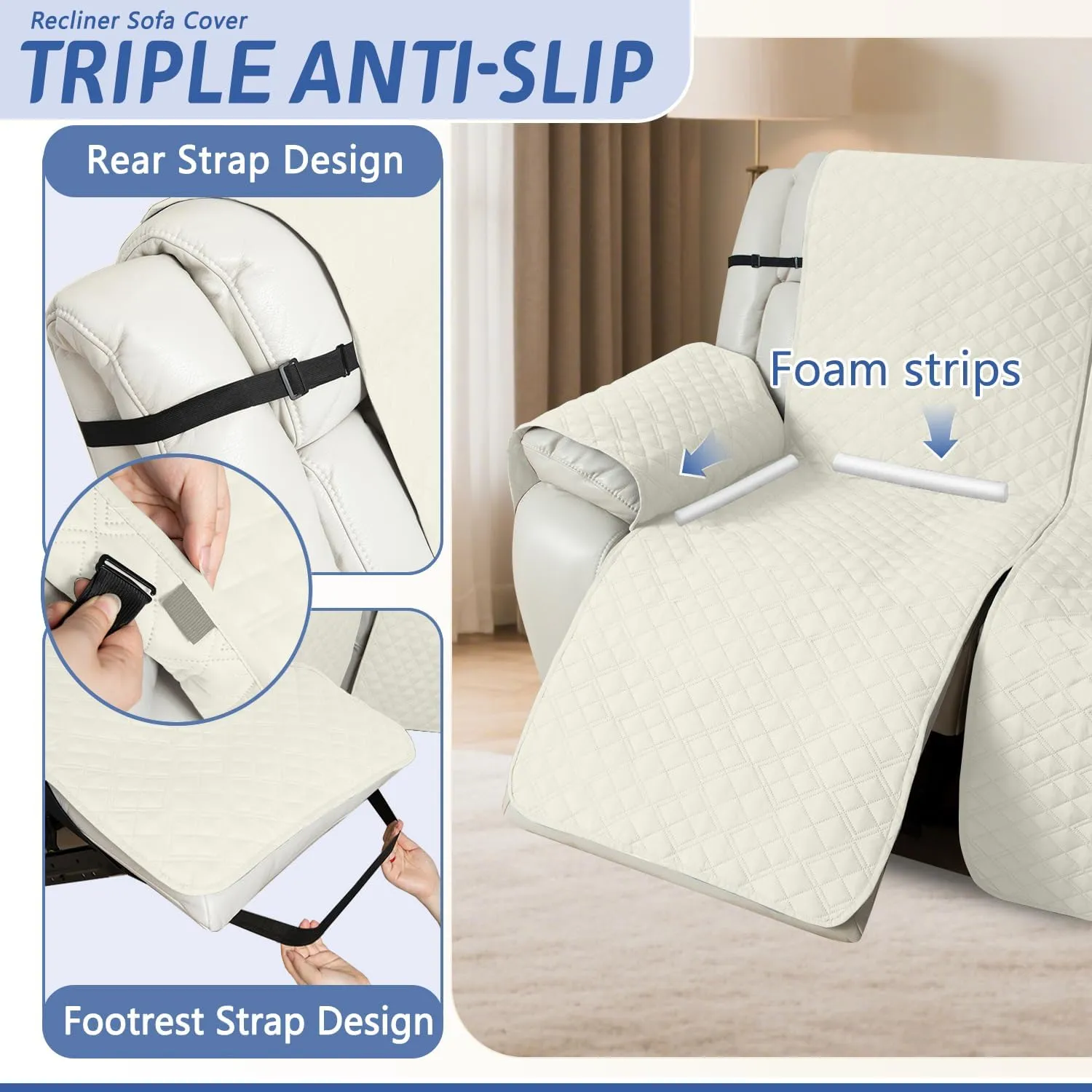 Arfntevss Sectional Recliner Couch Covers for Reclining Sectional Corner Sofa Cover for Dog Washable L Shaped Recliner Slipcover Sets 7-Piece U Shape Non Slip Furniture Protector (Large, Cream White)