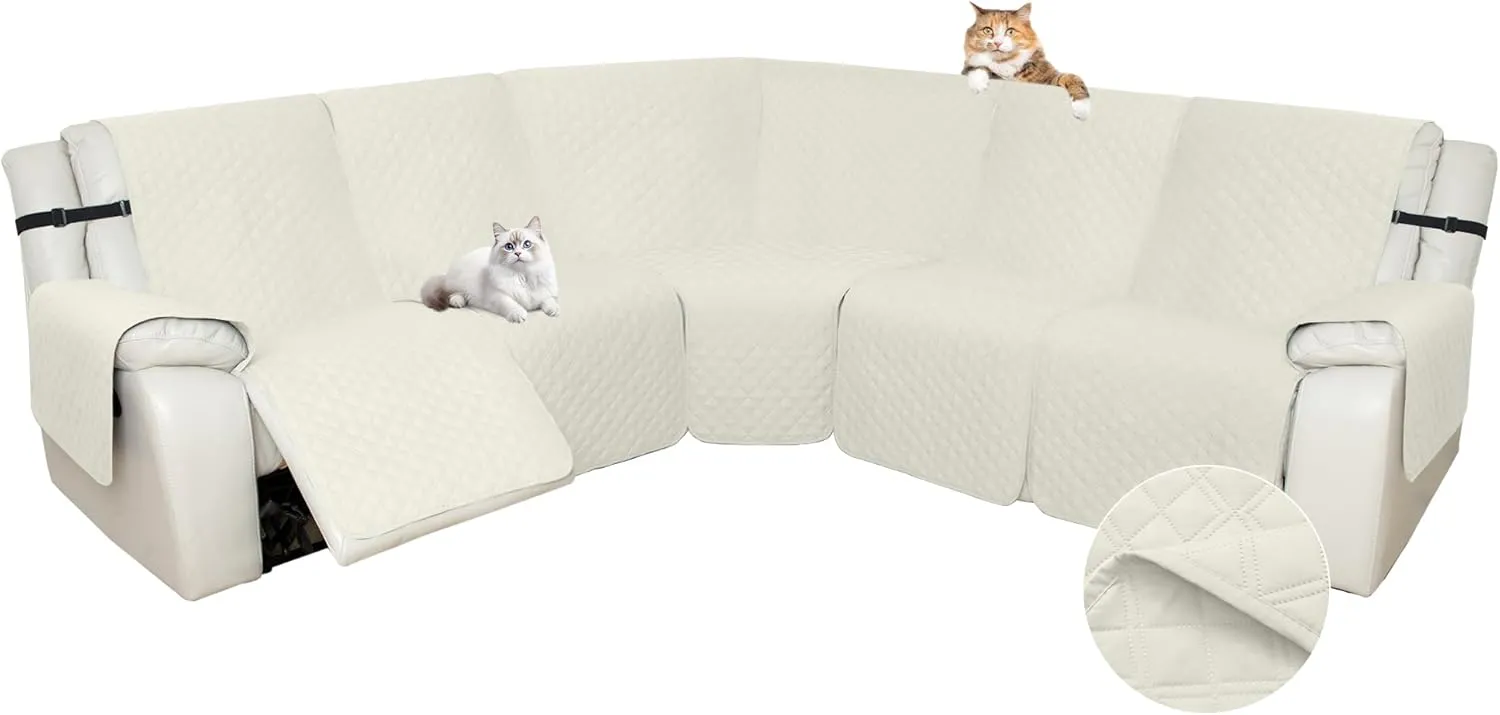 Arfntevss Sectional Recliner Couch Covers for Reclining Sectional Corner Sofa Cover for Dog Washable L Shaped Recliner Slipcover Sets 7-Piece U Shape Non Slip Furniture Protector (Large, Cream White)