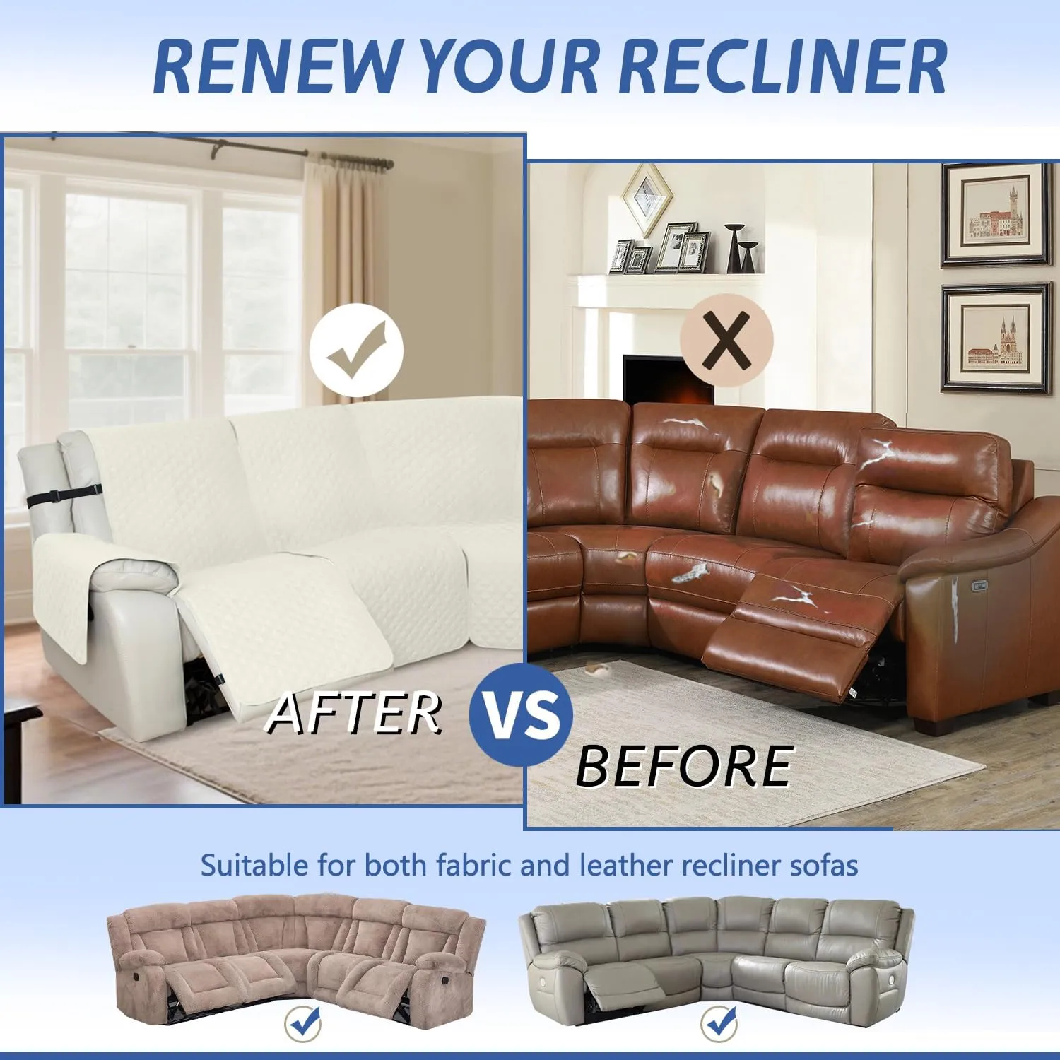 Arfntevss Sectional Recliner Couch Covers for Reclining Sectional Corner Sofa Cover for Dog Washable L Shaped Recliner Slipcover Sets 7-Piece U Shape Non Slip Furniture Protector (Large, Cream White)