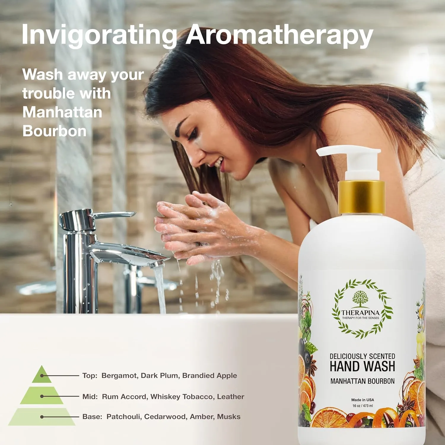 Aromatherapy Luxury Liquid Hand Soap – Vegan, Moisturizing Hand Wash with Aloe Vera, Botanical Oils, Manhattan Bourbon Scent – Fancy Liquid Hand Soap for Bathrooms, Kitchen, More, 16 Oz.