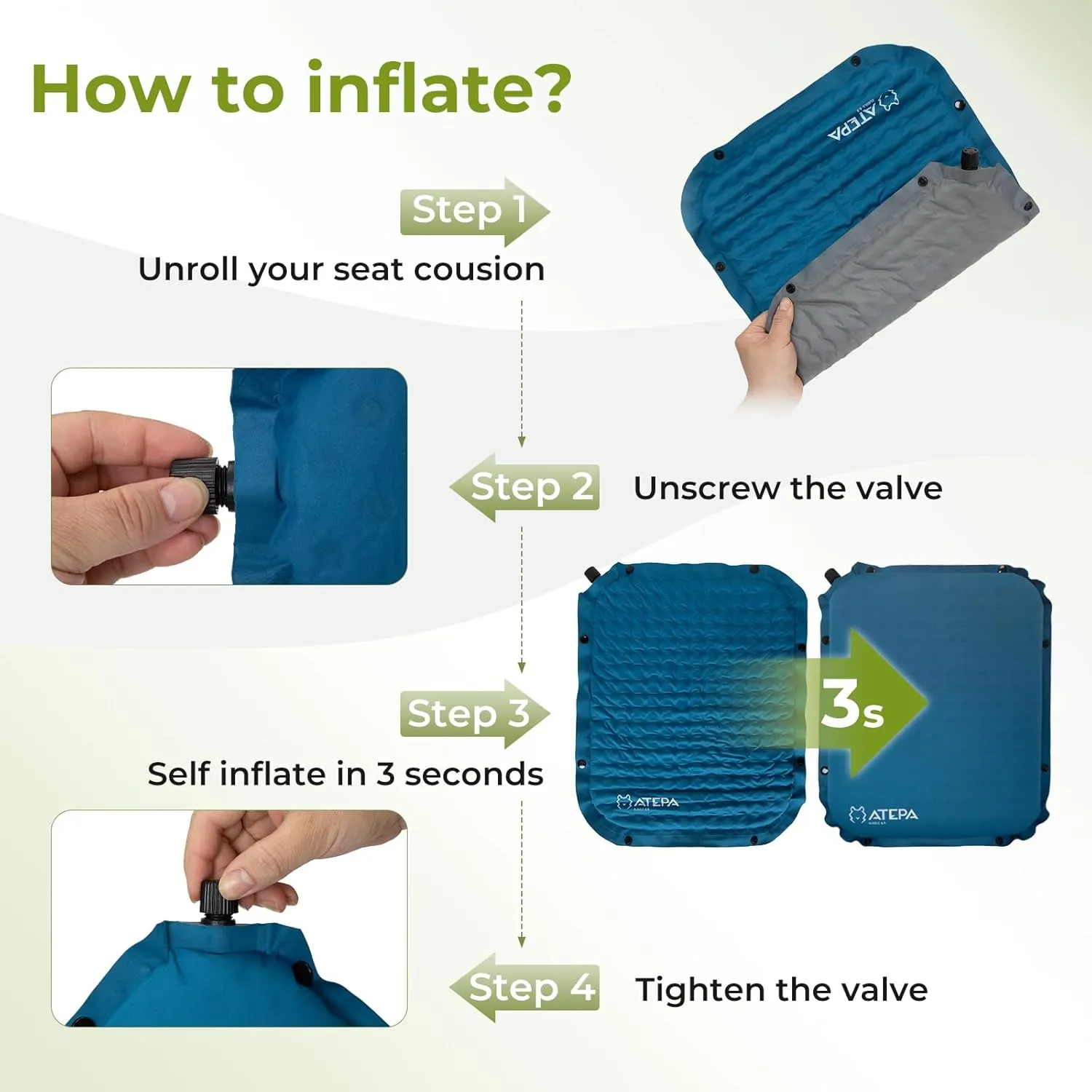 ATEPA Inflatable Stadium Seat Cushion, Self-Inflating Memory Foam Stadium Seats Camping Accessories Chair Pad for Outdoor Airplane Travel Bleacher Patio Backpacking