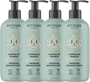 ATTITUDE Soothing Oatmeal Shampoo for Cat and Dog, Plant and Mineral-Based Ingredients, Vegan and Cruelty-Free Products for Pet, Soothing, Unscented, 16 Fl Oz (Pack of 4)