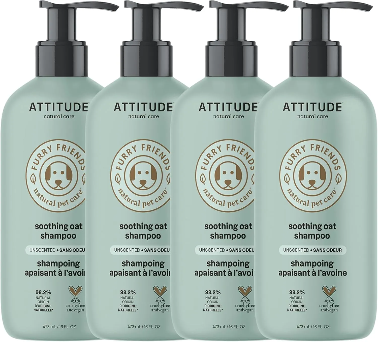 ATTITUDE Soothing Oatmeal Shampoo for Cat and Dog, Plant and Mineral-Based Ingredients, Vegan and Cruelty-Free Products for Pet, Soothing, Unscented, 16 Fl Oz (Pack of 4)