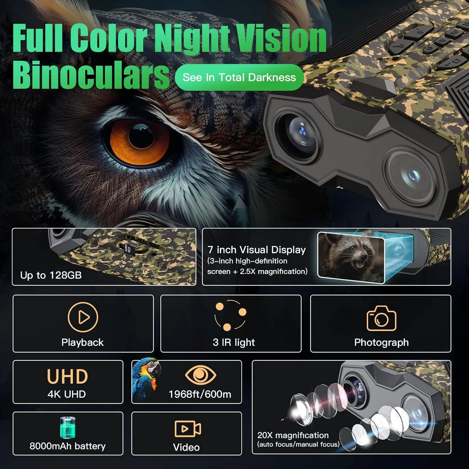 Autofocus Night Vision Goggles - 4k Night Vision Binoculars for Adults,1968ft Viewing Range,20X Zoom for Hunting & Security,3'' Screen Rechargeable Infrared Binoculars