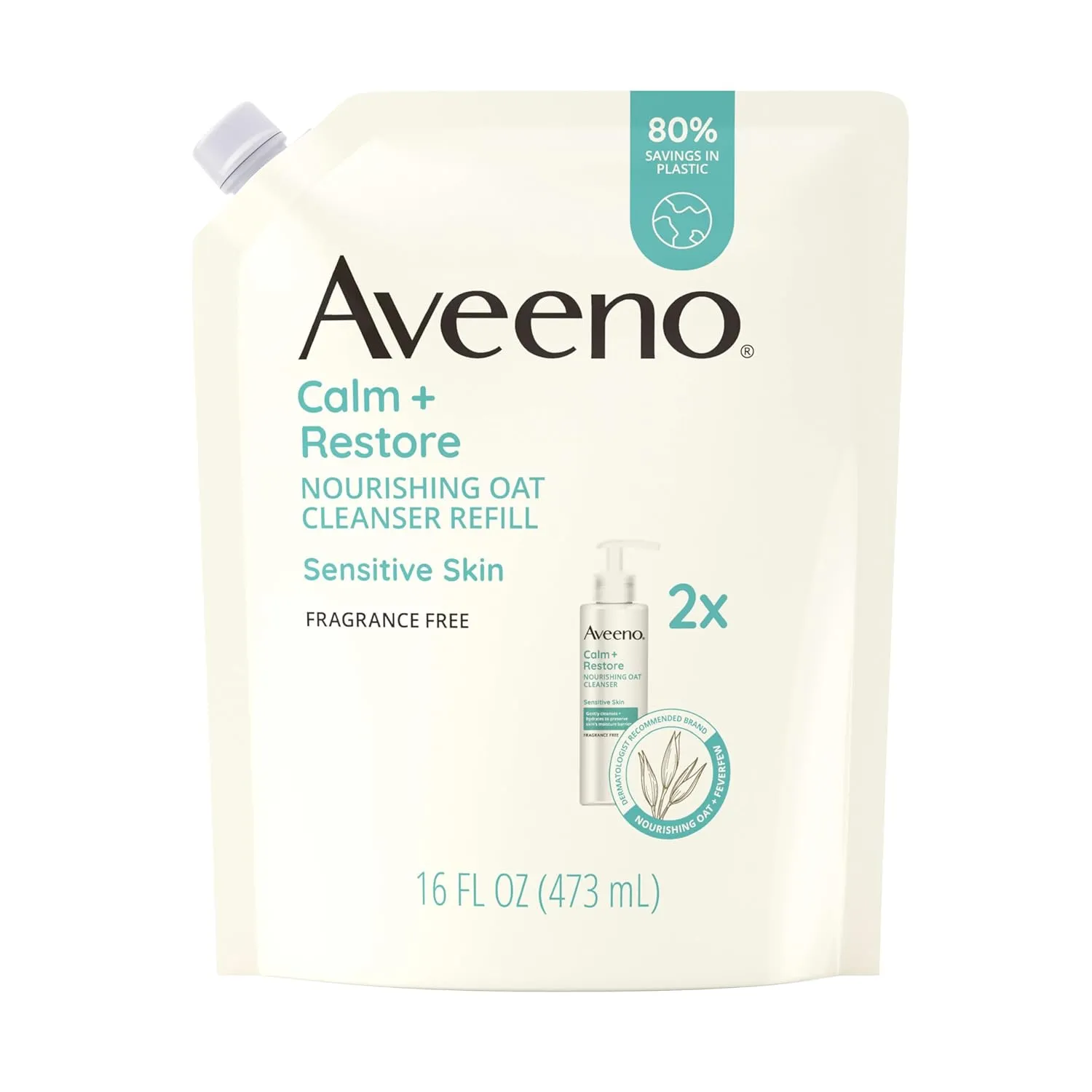 Aveeno Calm   Restore Nourishing Oat Facial Cleanser for Sensitive Skin, Gentle Face Wash with Nourishing Oat & Calming Feverfew, Hypoallergenic, Fragrance-Free, Refill Pouch, 16 fl. oz
