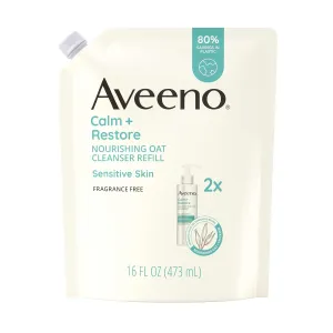 Aveeno Calm   Restore Nourishing Oat Facial Cleanser for Sensitive Skin, Gentle Face Wash with Nourishing Oat & Calming Feverfew, Hypoallergenic, Fragrance-Free, Refill Pouch, 16 fl. oz