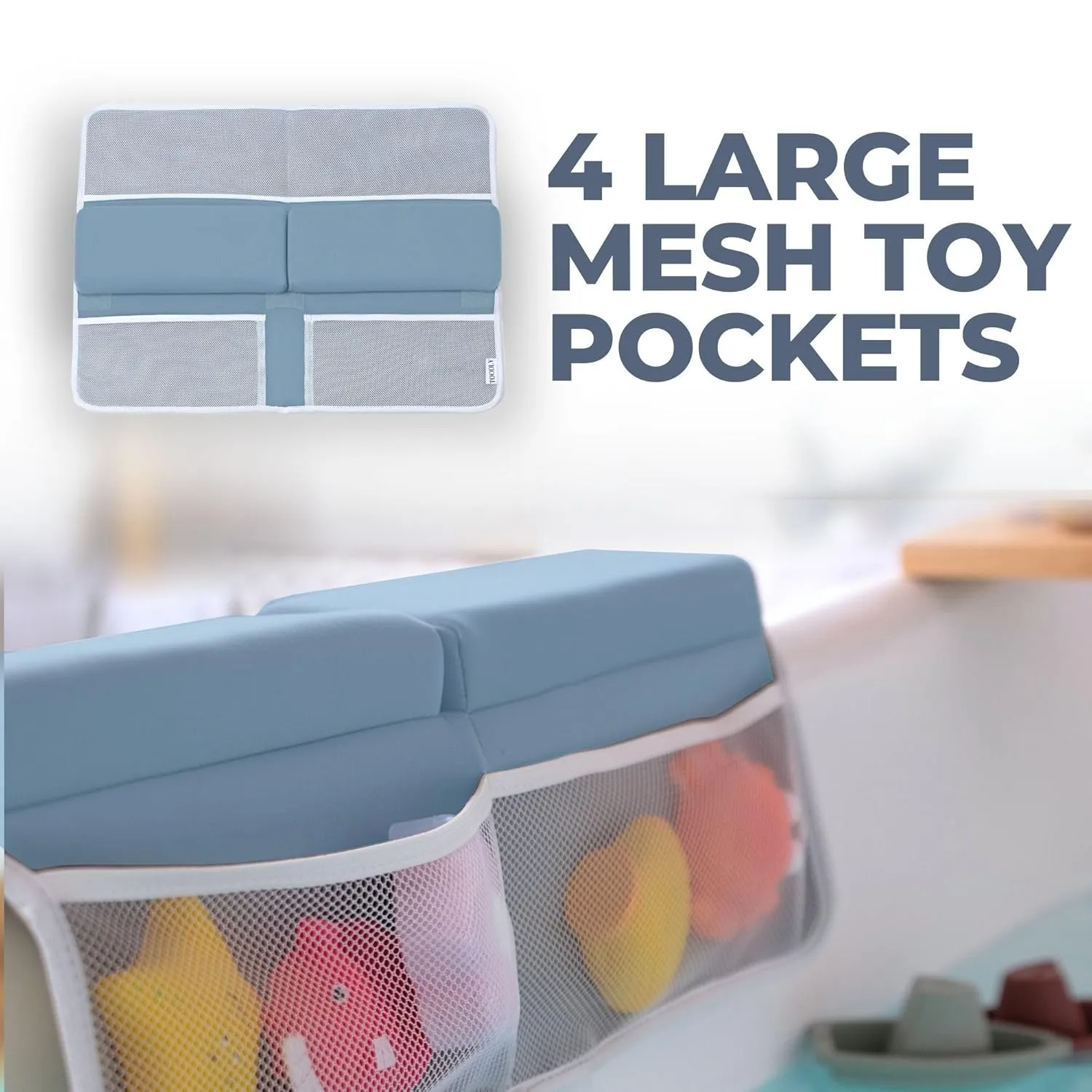 Baby Bath Kneeler and Elbow Rest Pad Set - Baby Bath Support for Knees and Elbows - Bath Kneeler Pad with Memory Foam and Bath Toys Organizer - Ideal Bath Kneeling Pad for Bathing Baby - Blue